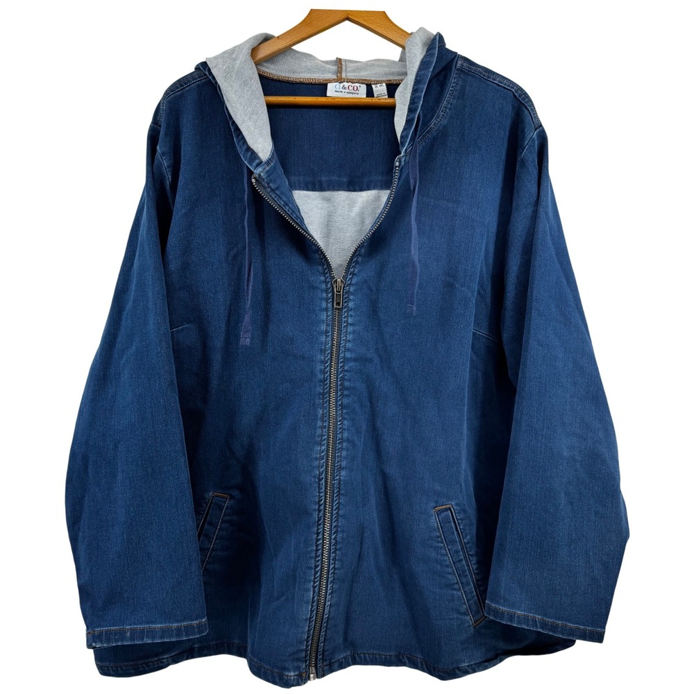 Denim & Co Women 3X Blue Denim Zip Front Hoodie Jacket Stretch Lightweight Plus